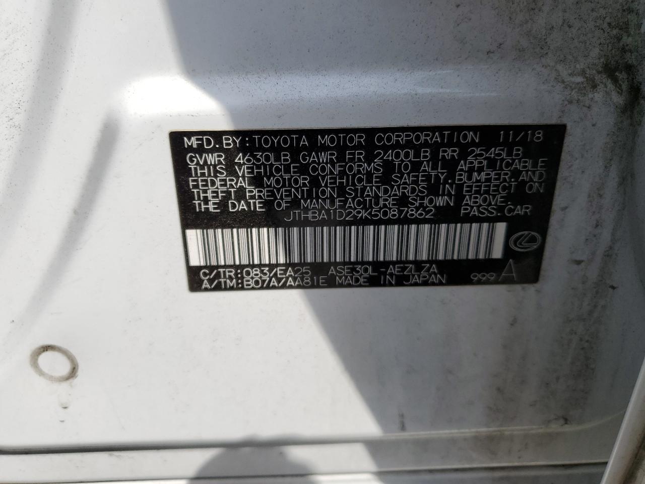 2019 Lexus IS VIN JTHBA1D29K5087862 Copart auction photo, side / front end damage thumbnail 14