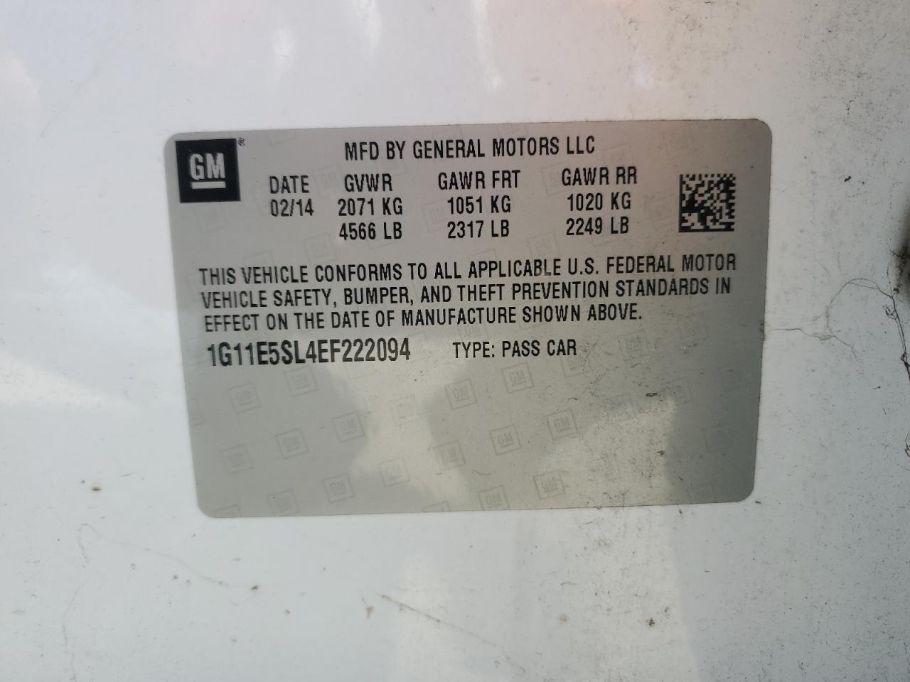 2014 Chevrolet Malibu VIN 1G11E5SL4EF222094 Copart auction photo, front end damage thumbnail 12