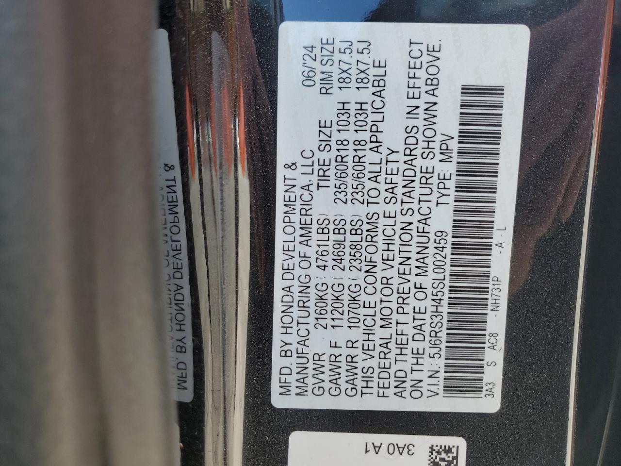 2025 Honda CR-V VIN 5J6RS3H45SL002459 Copart auction photo, side / front end damage thumbnail 13