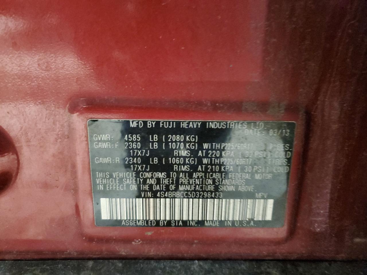 2013 Subaru Outback VIN 4S4BRBCC5D3298433 Copart auction photo, rear end damage thumbnail 13