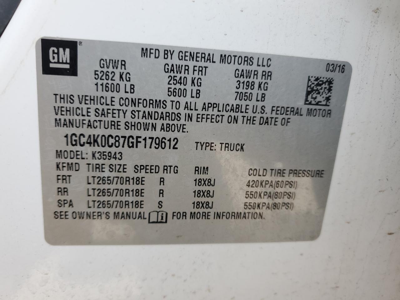 2016 Chevrolet Silverado VIN 1GC4K0C87GF179612 Copart auction photo, front end / rear end damage thumbnail 13