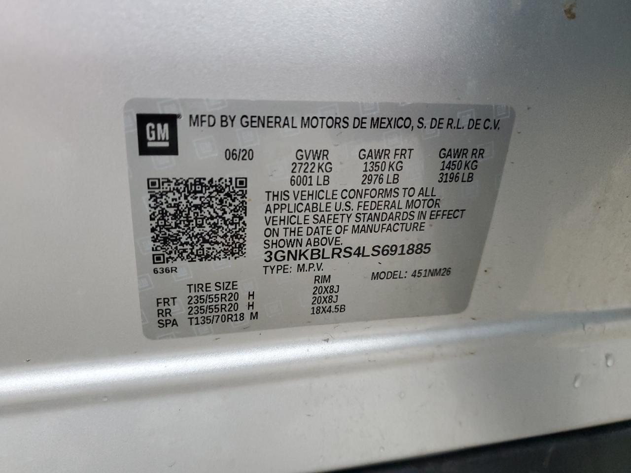 2020 Chevrolet Blazer VIN 3GNKBLRS4LS691885 Copart auction photo, all over damage thumbnail 12