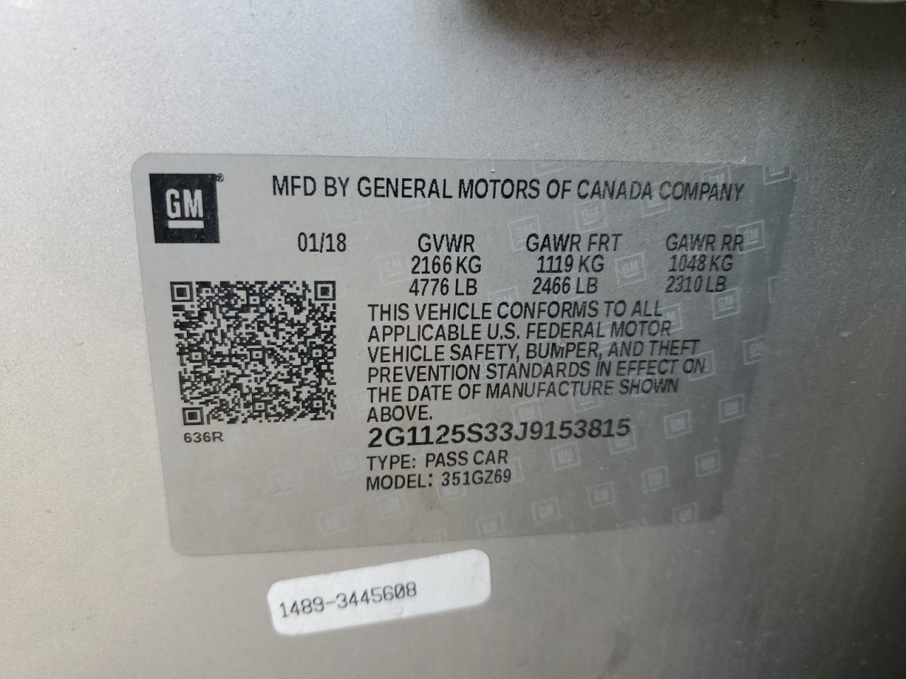 2018 Chevrolet Impala VIN 2G1125S33J9153815 Copart auction photo, front end damage thumbnail 12