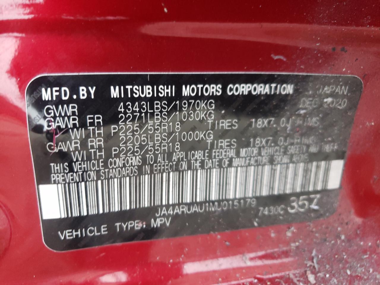 2021 Mitsubishi Outlander VIN JA4ARUAU1MU015179 Copart auction photo, side damage thumbnail 12