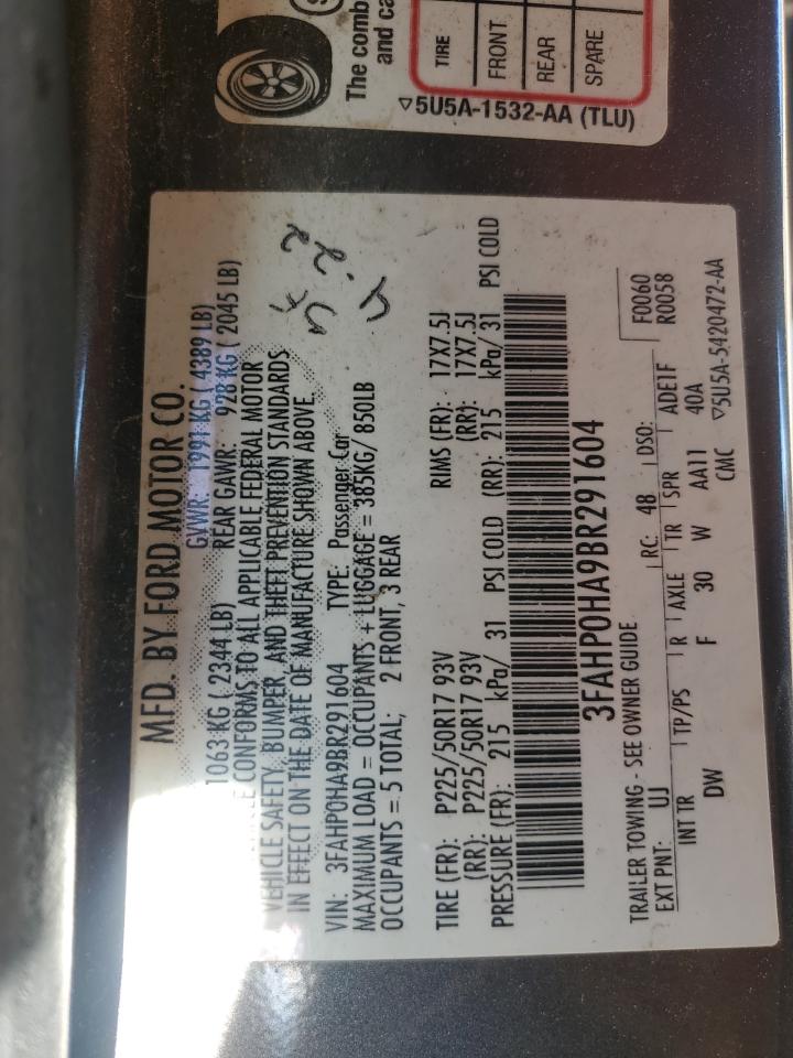 2011 Ford Fusion VIN 3FAHP0HA9BR291604 Copart auction photo, all over damage thumbnail 12