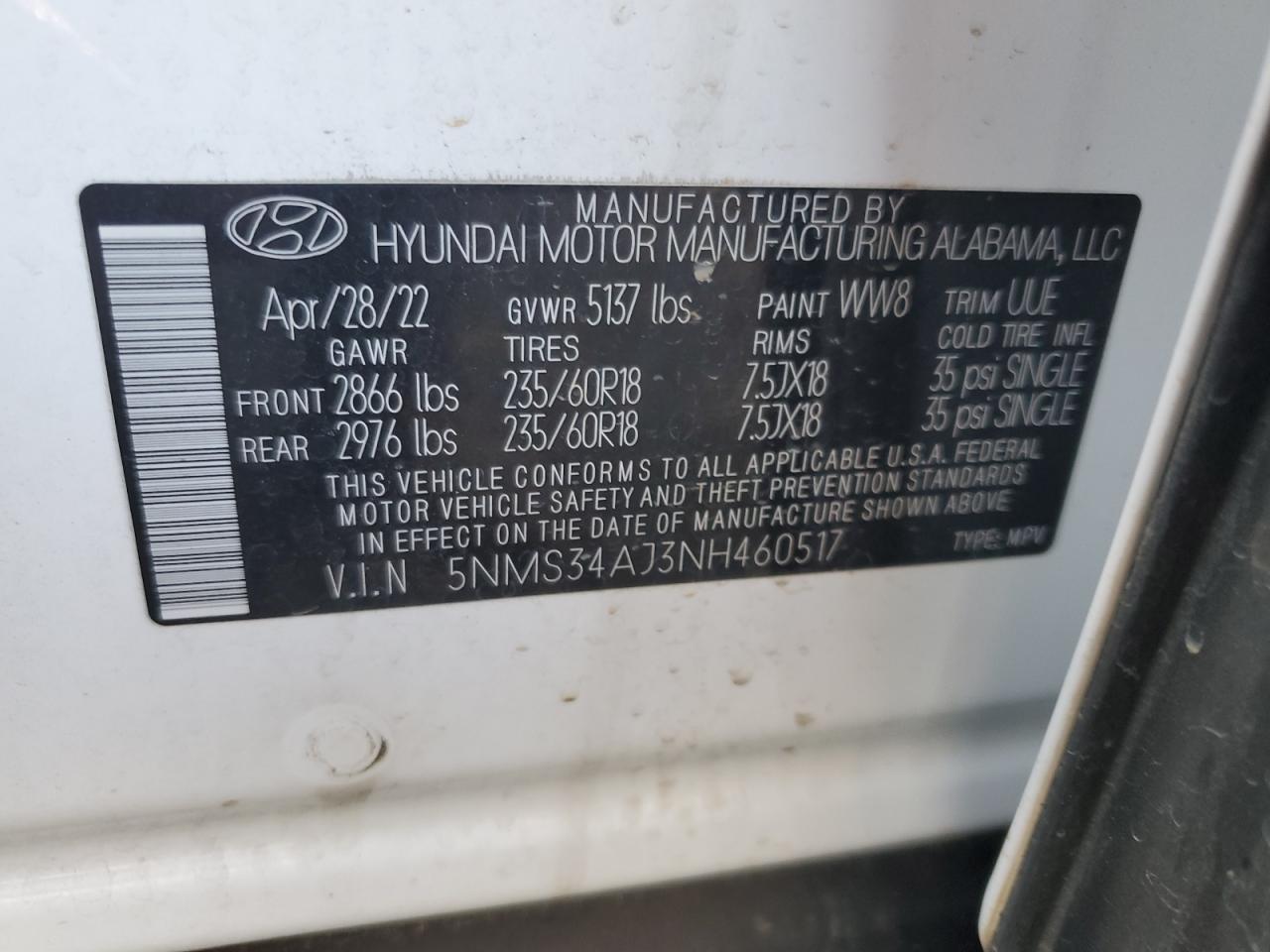 2022 Hyundai Santa Fe VIN 5NMS34AJ3NH460517 Copart auction photo, front end damage thumbnail 15
