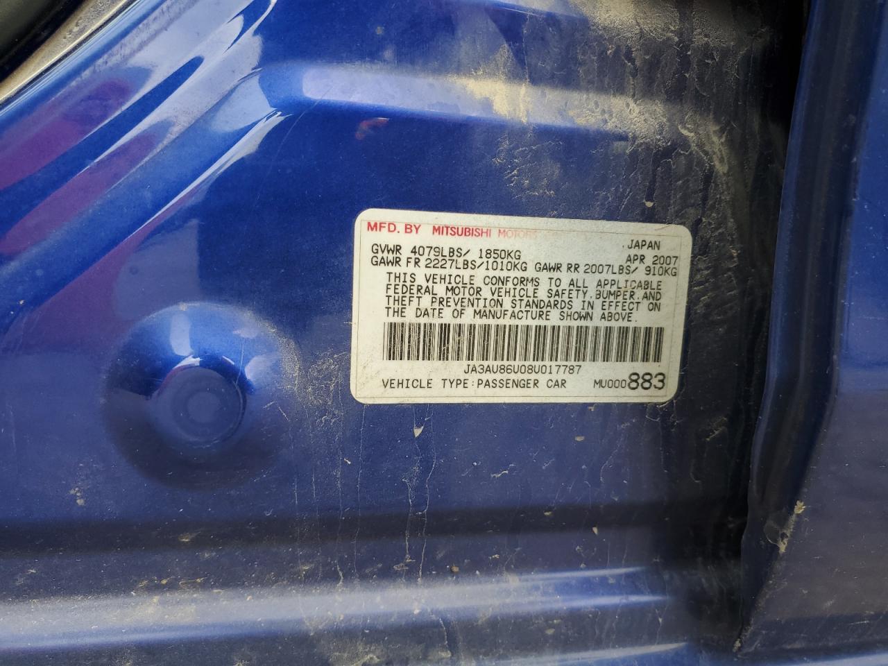 2008 Mitsubishi Lancer VIN JA3AU86U08U017787 Copart auction photo, front end damage thumbnail 12