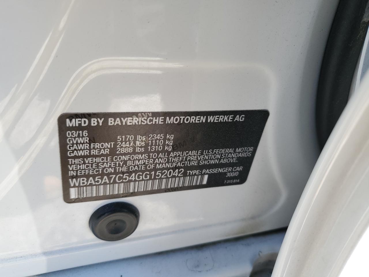2016 BMW 5er VIN WBA5A7C54GG152042 Copart auction photo, minor dent/scratches damage thumbnail 12