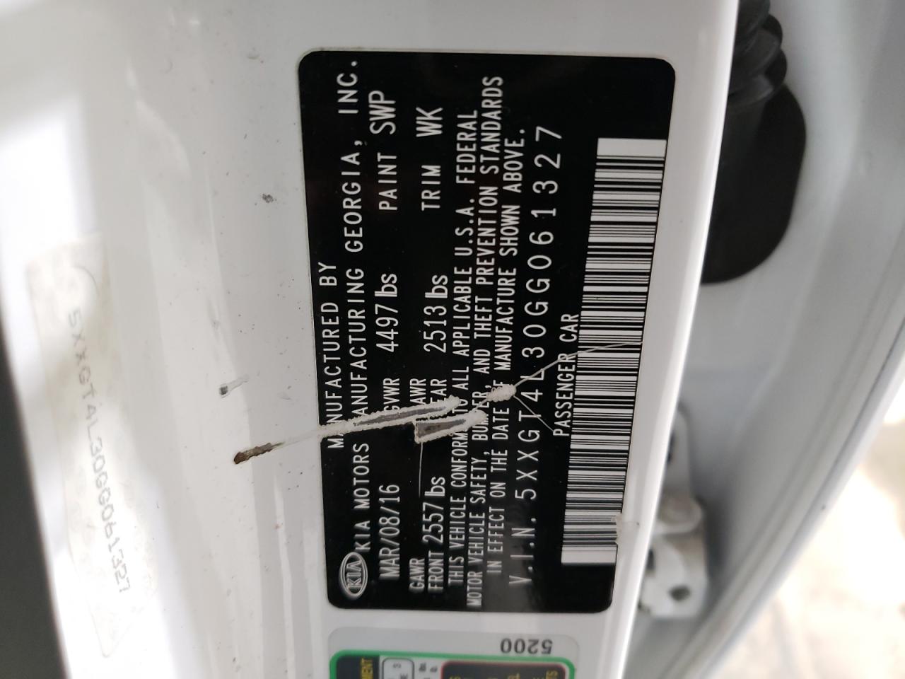 2016 KIA Optima VIN 5XXGT4L30GG061327 Copart auction photo, front end / rear end damage thumbnail 14