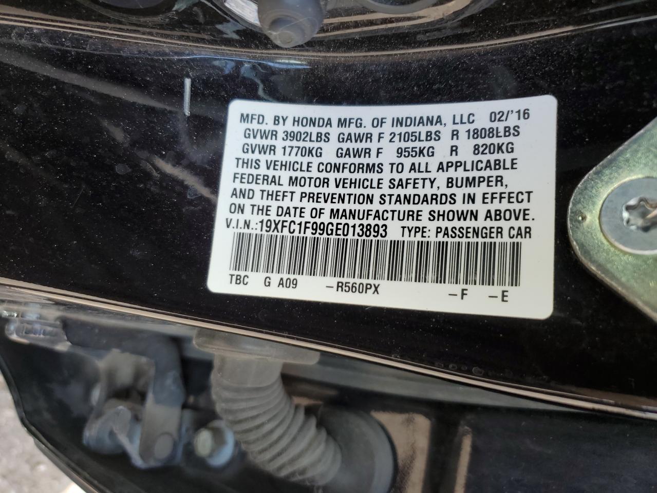2016 Honda Civic VIN 19XFC1F99GE013893 Copart auction photo, front end damage thumbnail 12