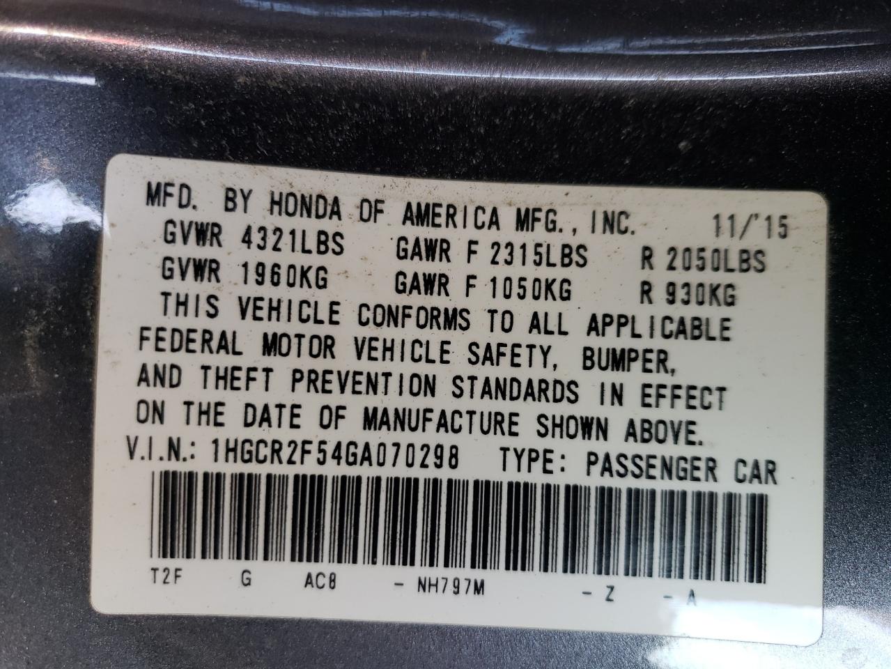 2016 Honda Accord VIN 1HGCR2F54GA070298 Copart auction photo, rear end / front end damage thumbnail 13