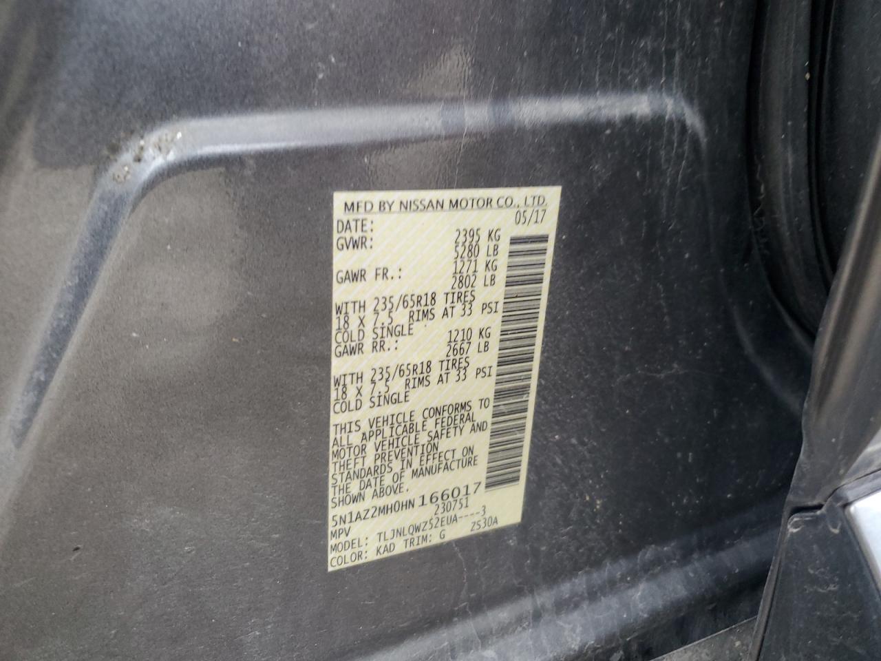 2017 Nissan Murano VIN 5N1AZ2MH0HN166017 Copart auction photo, front end / side damage thumbnail 15