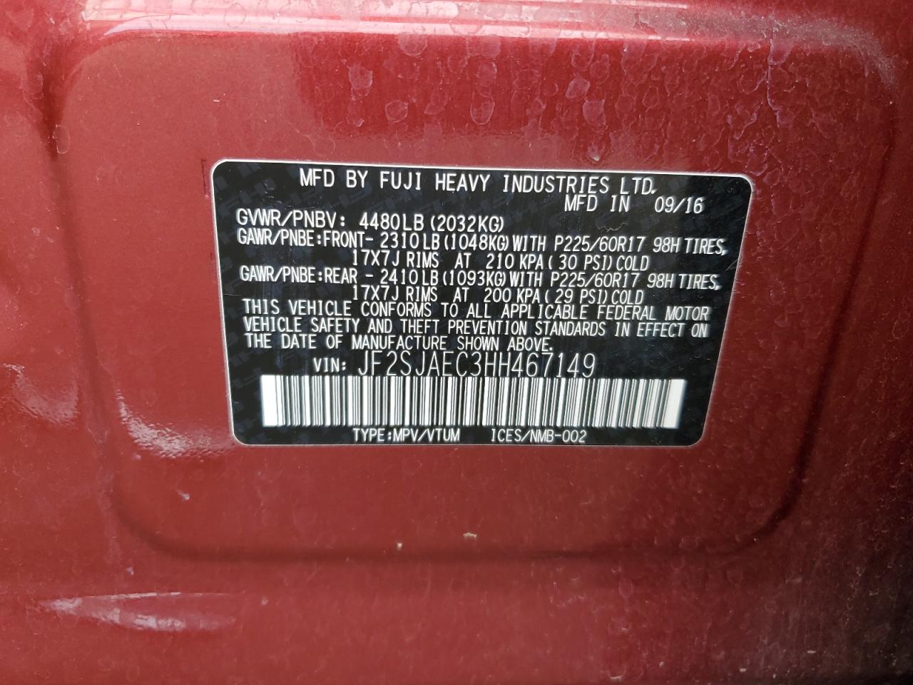 2017 Subaru Forester VIN JF2SJAEC3HH467149 Copart auction photo, front end damage thumbnail 14