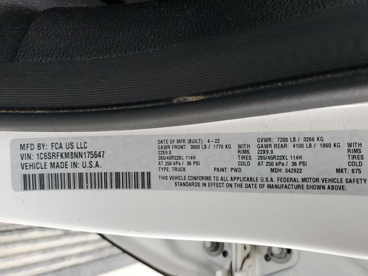 2022 RAM 1500 VIN 1C6SRFKM8NN175647 Copart auction photo, rear end / side damage thumbnail 12