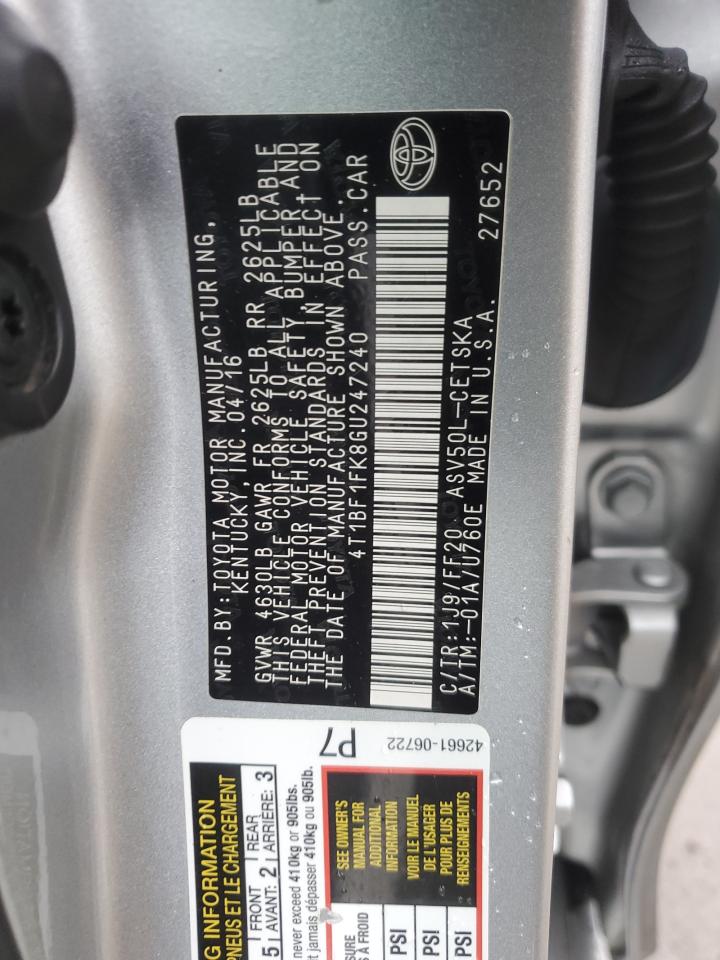 2016 Toyota Camry VIN 4T1BF1FK8GU247240 Copart auction photo, rear end damage thumbnail 13