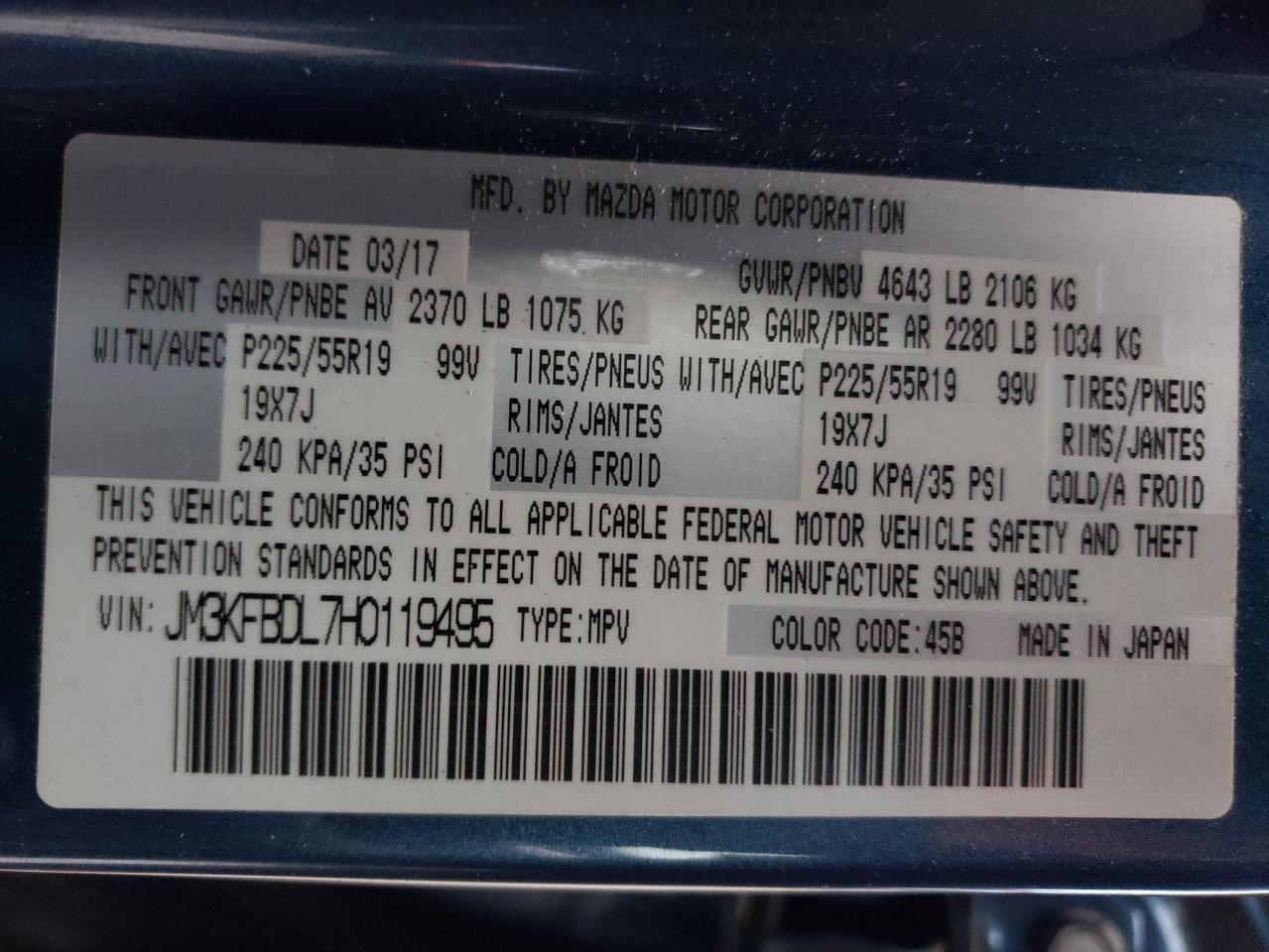 2017 Mazda CX-5 VIN JM3KFBDL7H0119495 Copart auction photo, side / front end damage thumbnail 15