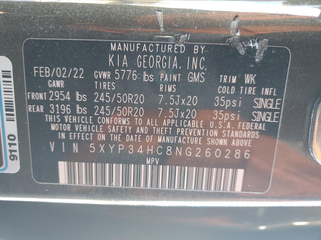 2022 KIA Telluride VIN 5XYP34HC8NG260286 Copart auction photo, minor dent/scratches damage thumbnail 13