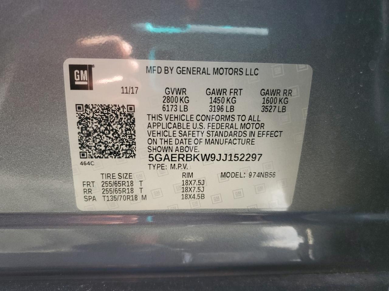 2018 Buick Enclave VIN 5GAERBKW9JJ152297 Copart auction photo, front end damage thumbnail 16