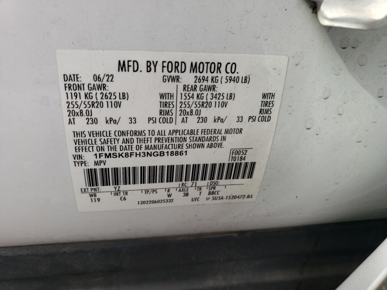 2022 Ford Explorer VIN 1FMSK8FH3NGB18861 Copart auction photo, front end damage thumbnail 13
