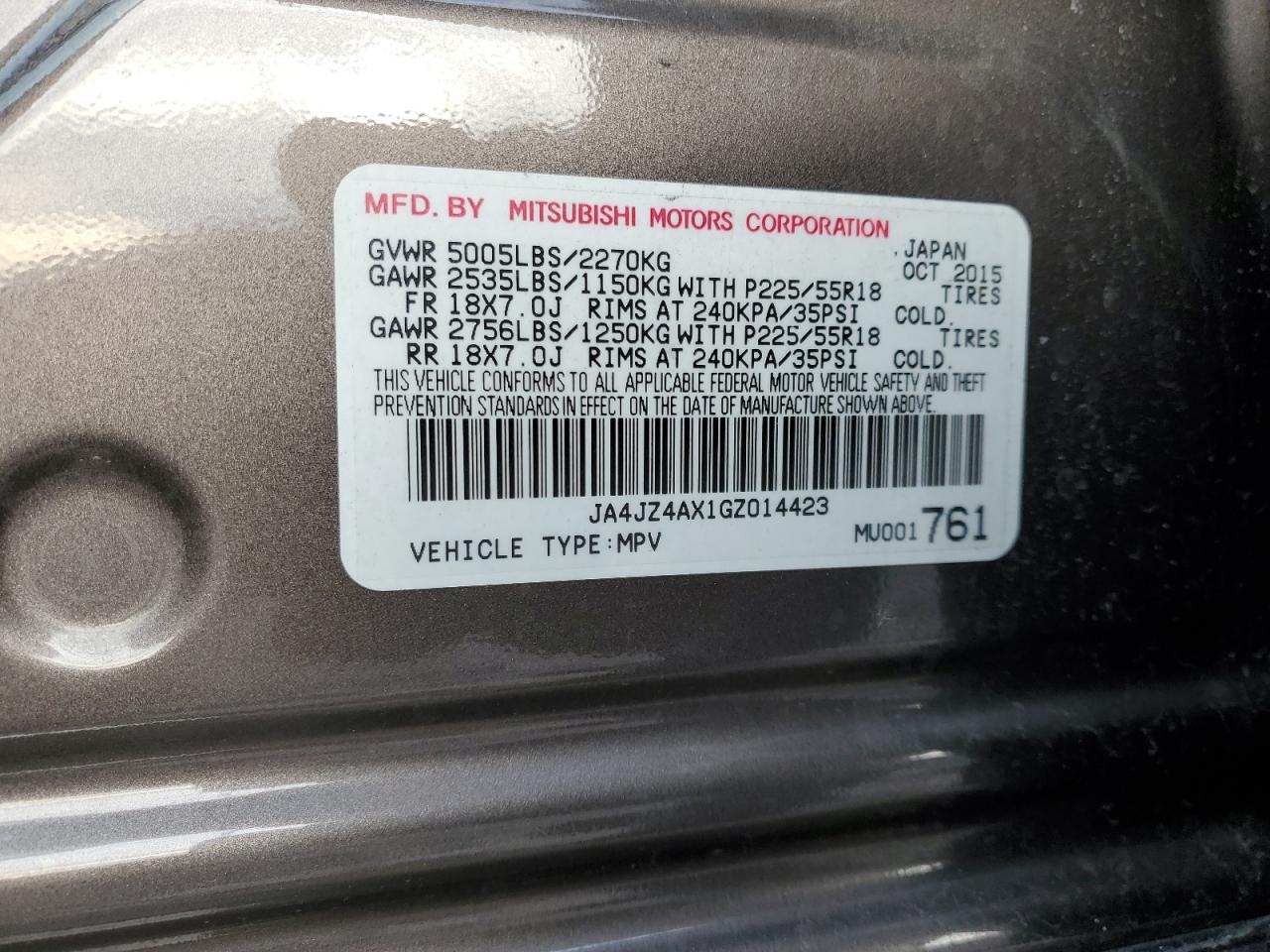 2016 Mitsubishi Outlander VIN JA4JZ4AX1GZ014423 Copart auction photo, front end damage thumbnail 15