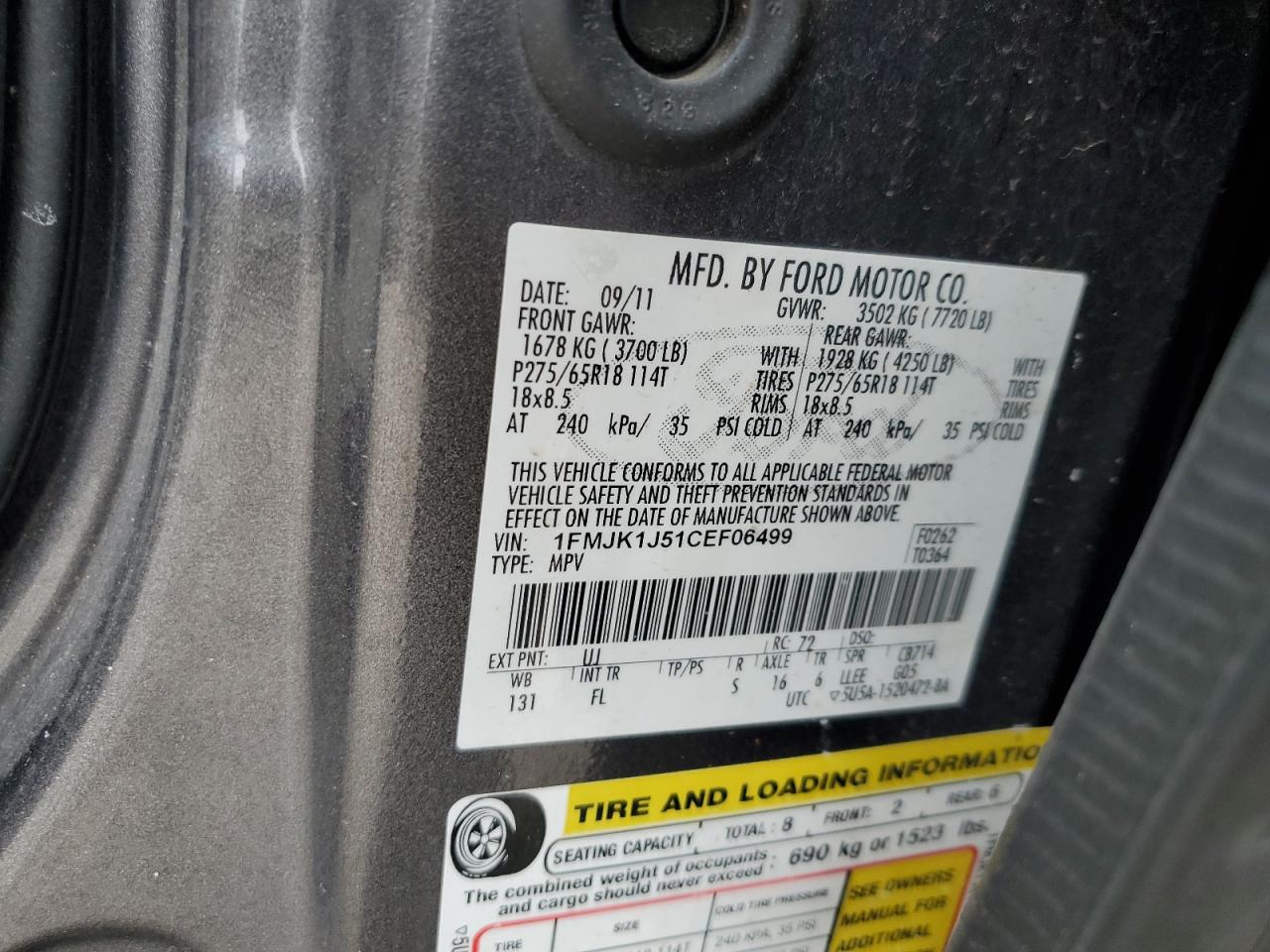2012 Ford Expedition VIN 1FMJK1J51CEF06499 Copart auction photo, rear end / minor dent/scratches damage thumbnail 13