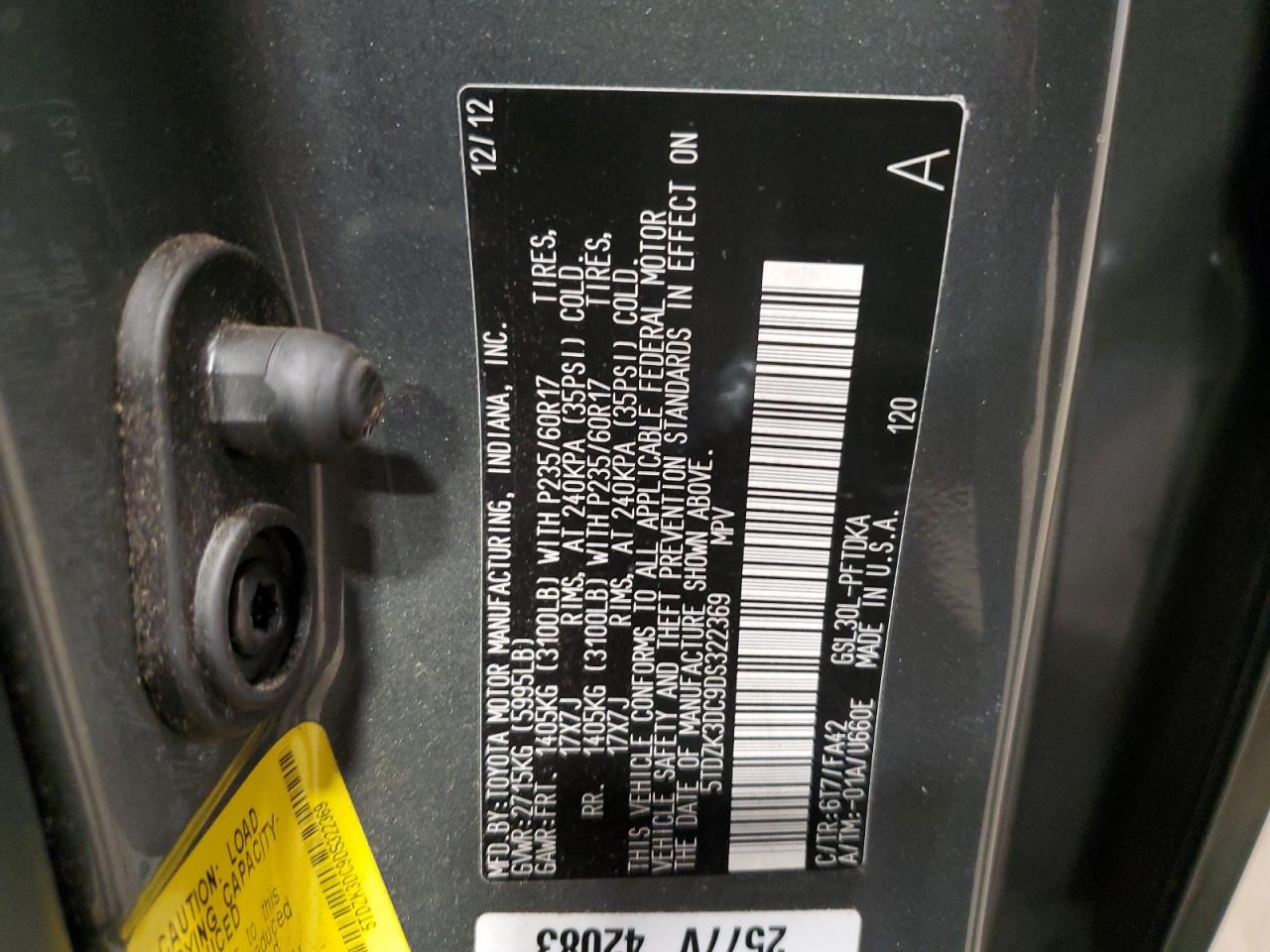 2013 Toyota Sienna VIN 5TDZK3DC9DS322369 Copart auction photo, rear end / side damage thumbnail 14