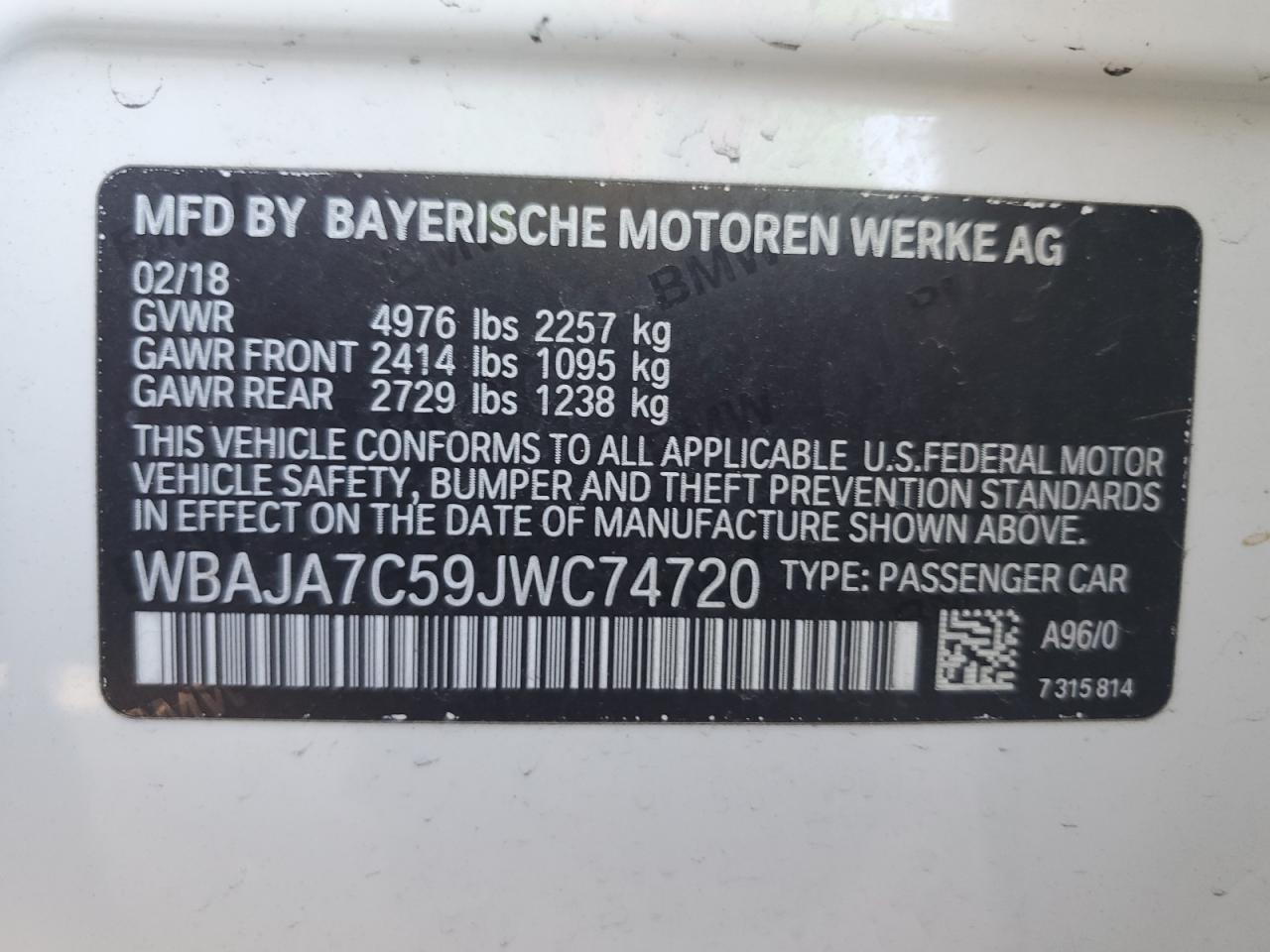 2018 BMW 5er VIN WBAJA7C59JWC74720 Copart auction photo, rear end / minor dent/scratches damage thumbnail 12