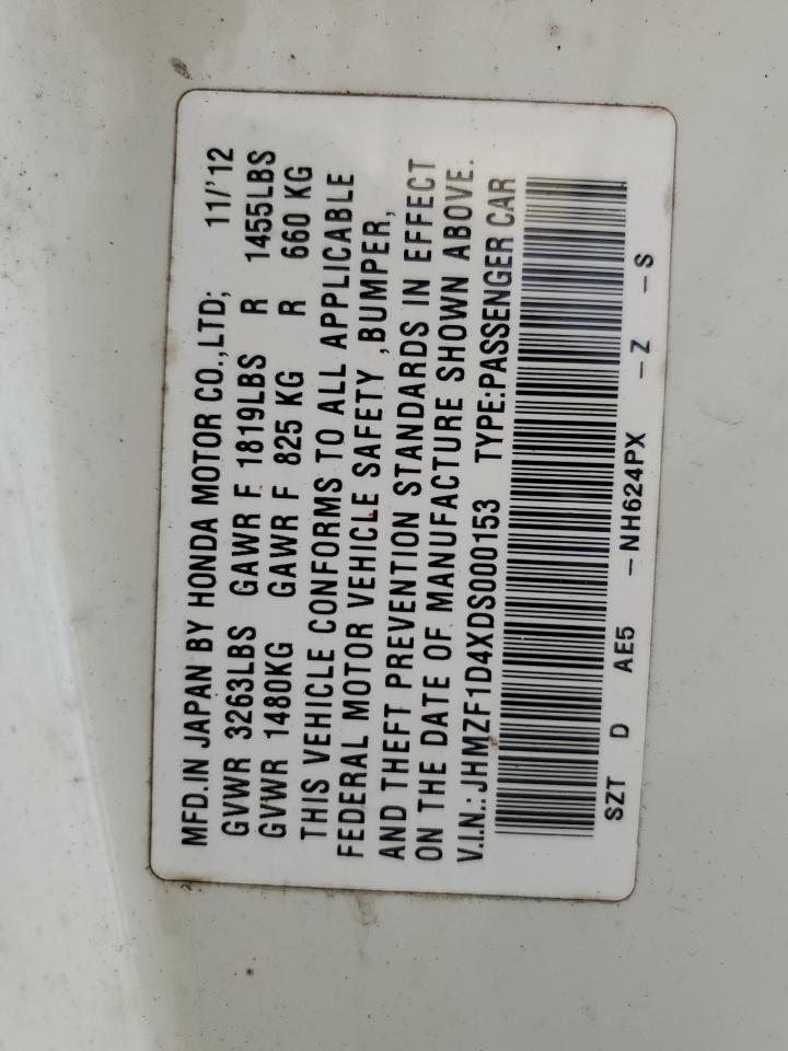 2013 Honda CR-Z VIN JHMZF1D4XDS000153 Copart auction photo, minor dent/scratches damage thumbnail 12