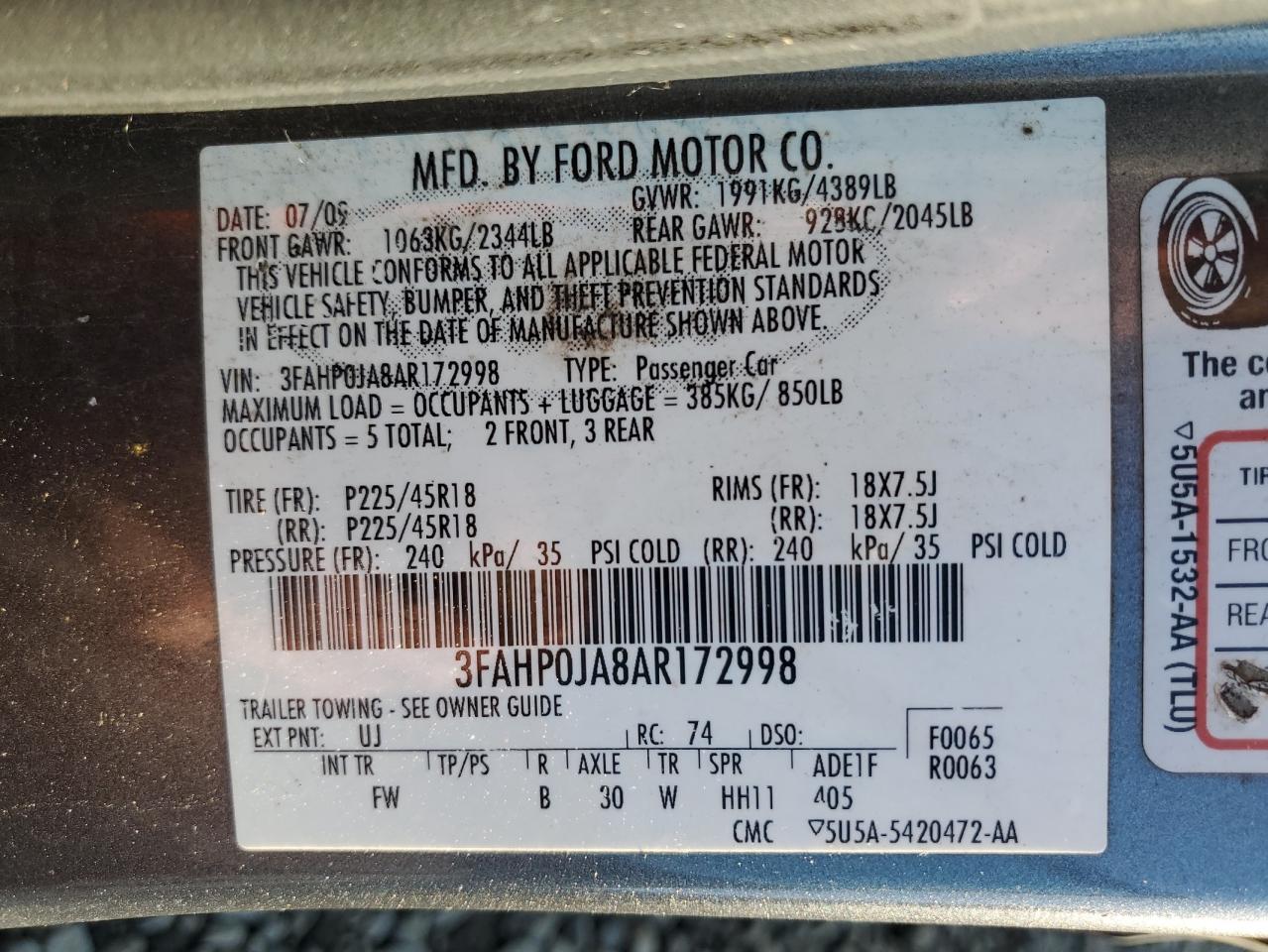 2010 Ford Fusion VIN 3FAHP0JA8AR172998 Copart auction photo, rear end damage thumbnail 12