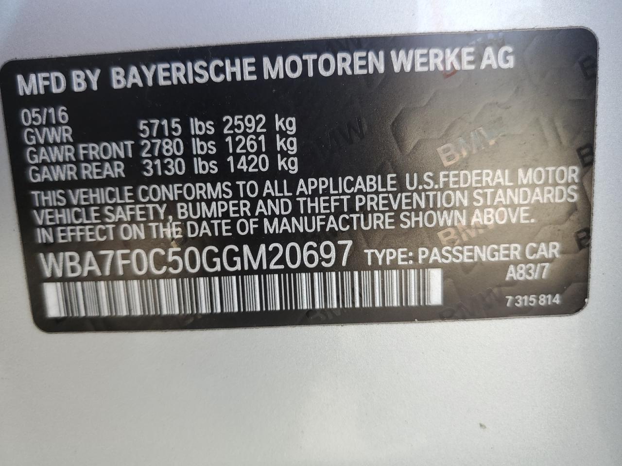 2016 BMW 7er VIN WBA7F0C50GGM20697 Copart auction photo, minor dent/scratches damage thumbnail 12