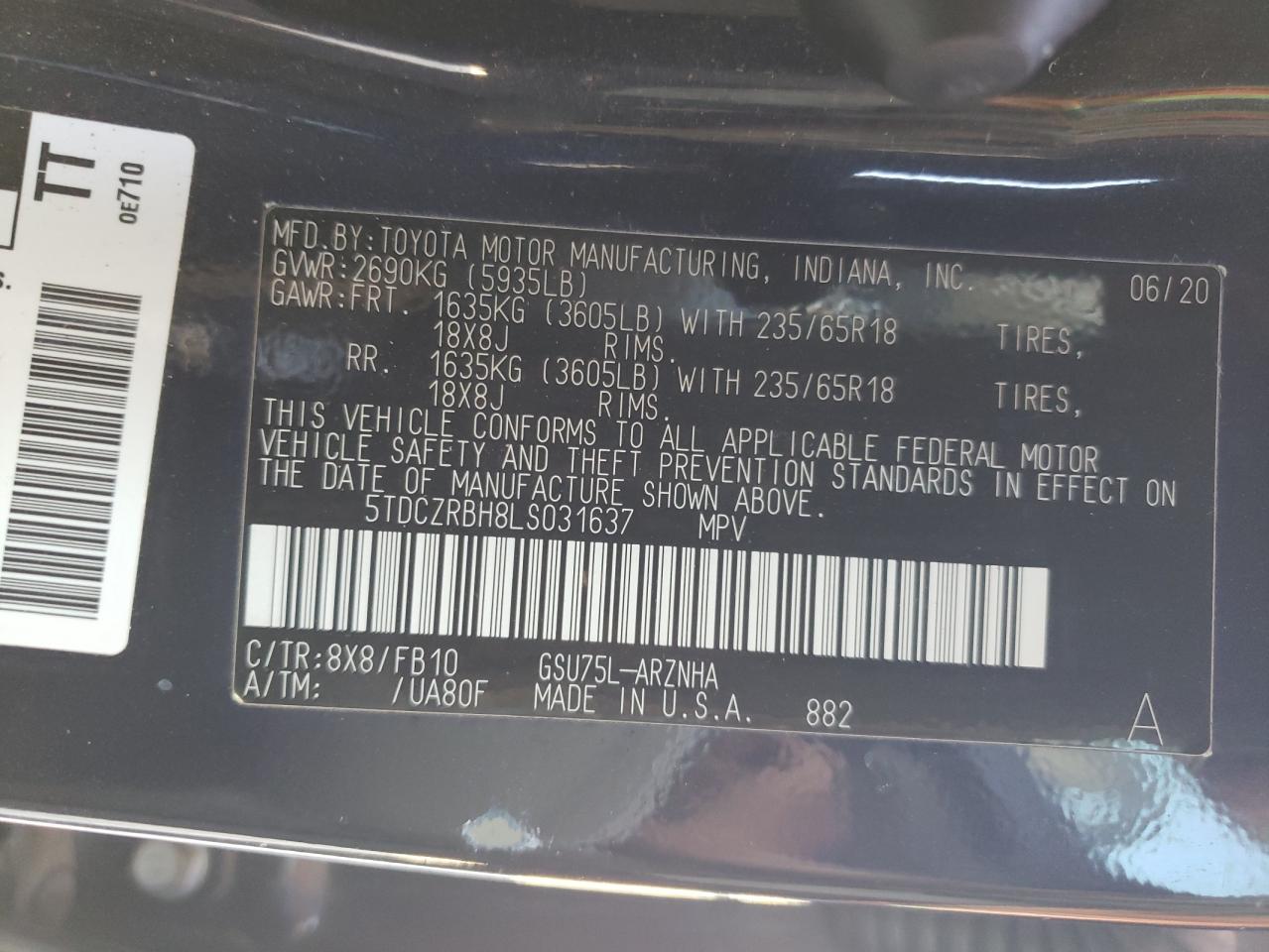 2020 Toyota Highlander VIN 5TDCZRBH8LS031637 Copart auction photo, front end / side damage thumbnail 15
