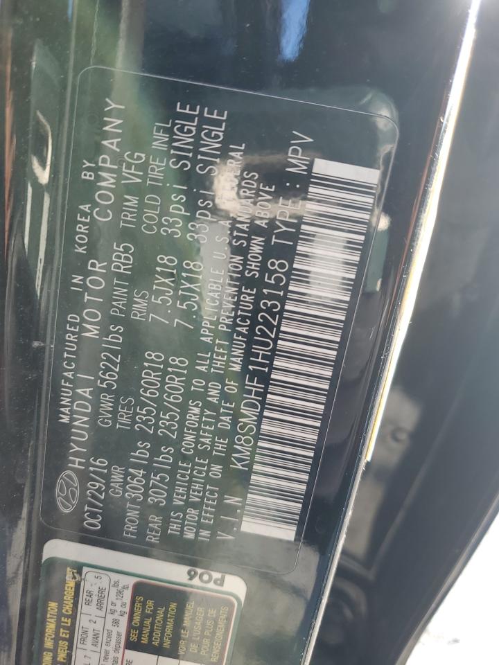 2017 Hyundai Santa Fe VIN KM8SMDHF1HU223158 Copart auction photo, front end / side damage thumbnail 13