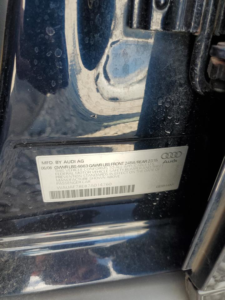 2007 Audi A4 VIN WAUAF78E87A014760 Copart auction photo, front end damage thumbnail 13