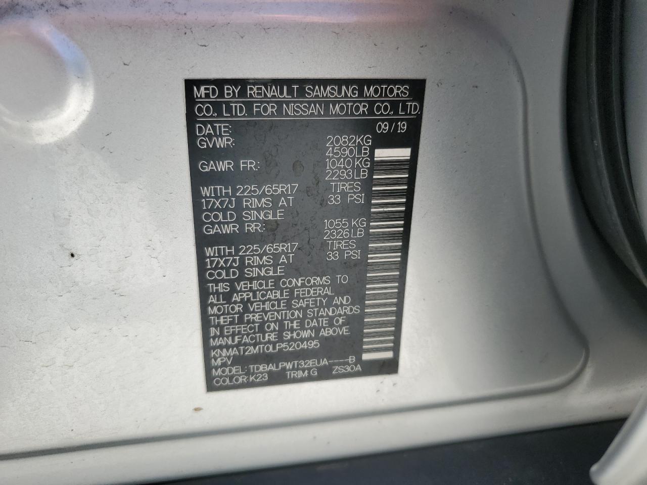 2020 Nissan Rogue VIN KNMAT2MT0LP520495 Copart auction photo, mechanical / front end damage thumbnail 14