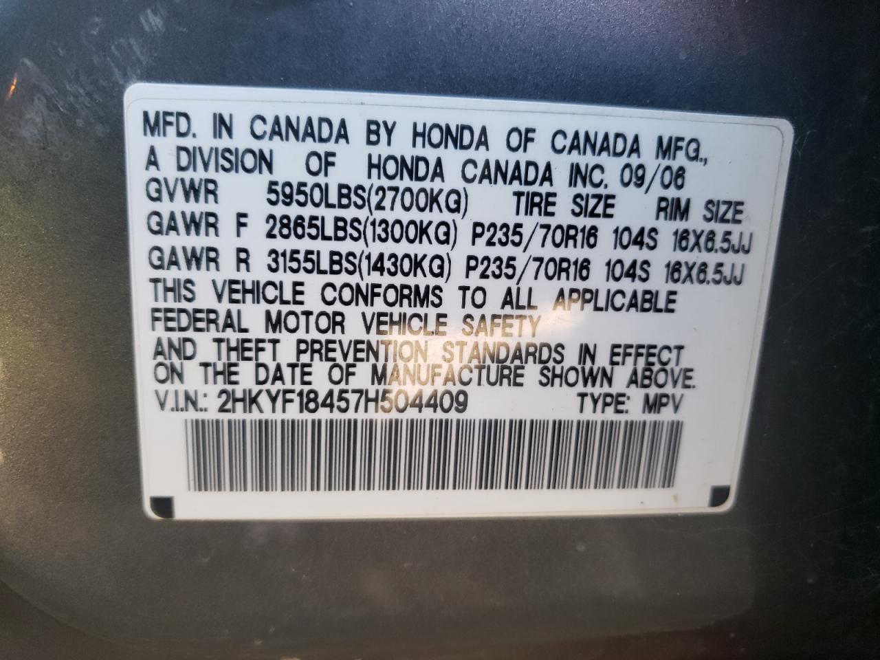 2007 Honda Pilot VIN 2HKYF18457H504409 Copart auction photo, mechanical / minor dent/scratches damage thumbnail 13