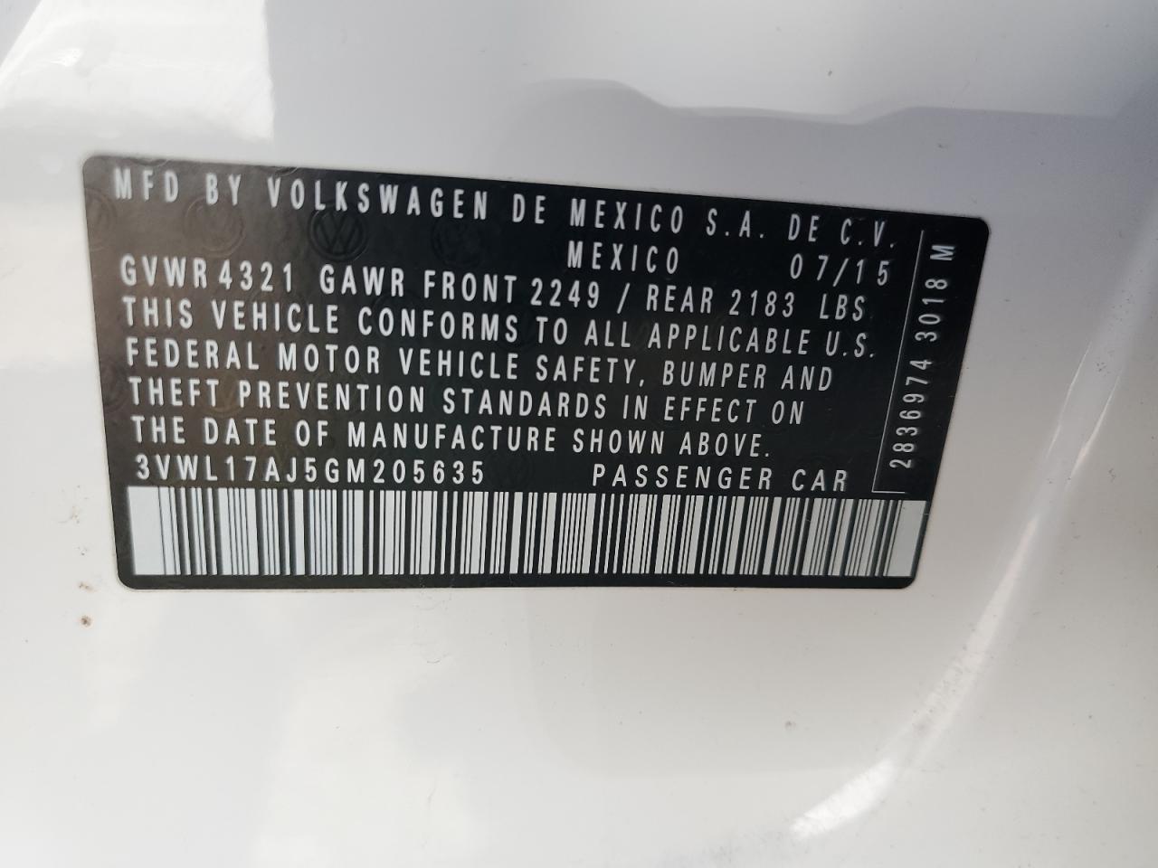 2016 Volkswagen Jetta VIN 3VWL17AJ5GM205635 Copart auction photo, front end / minor dent/scratches damage thumbnail 12