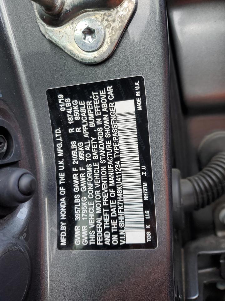 2019 Honda Civic VIN SHHFK7H48KU411234 Copart auction photo, front end / rear end damage thumbnail 12