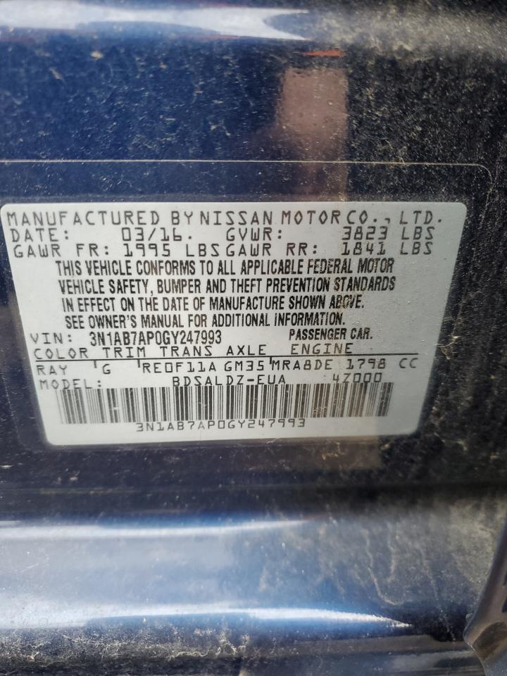 2016 Nissan Sentra VIN 3N1AB7AP0GY247993 Copart auction photo, rear end / side damage thumbnail 12