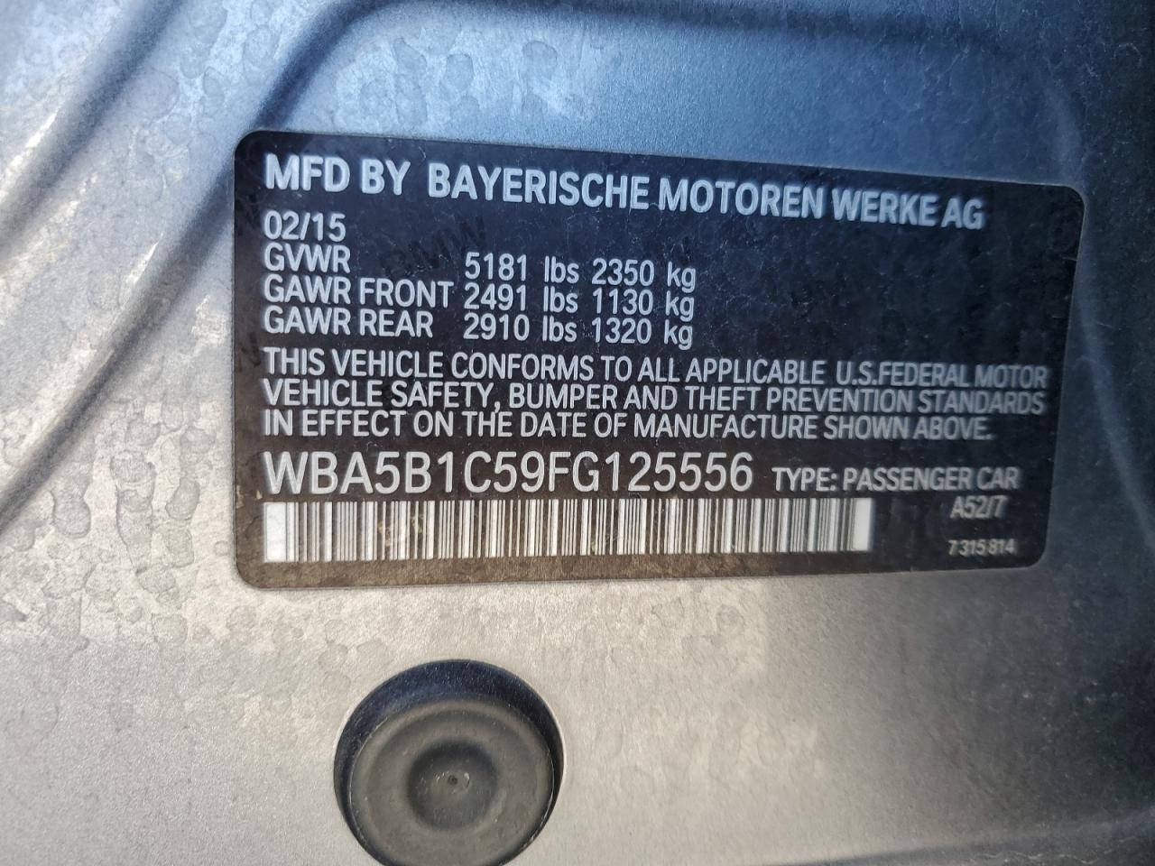 2015 BMW 5er VIN WBA5B1C59FG125556 Copart auction photo, front end damage thumbnail 13