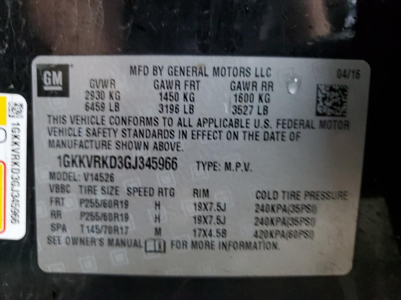 2016 GMC Acadia VIN 1GKKVRKD3GJ345966 Copart auction photo, front end / side damage thumbnail 13