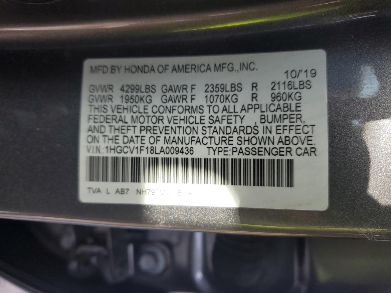 2020 Honda Accord VIN 1HGCV1F18LA009436 Copart auction photo, front end / minor dent/scratches damage thumbnail 14