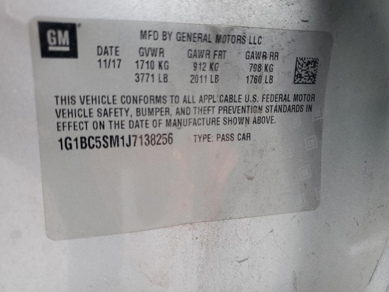 2018 Chevrolet Cruze VIN 1G1BC5SM1J7138256 Copart auction photo, side / front end damage thumbnail 13