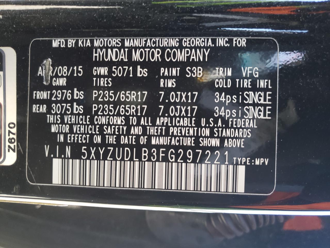 2015 Hyundai Santa Fe VIN 5XYZUDLB3FG297221 Copart auction photo, front end / rear end damage thumbnail 13