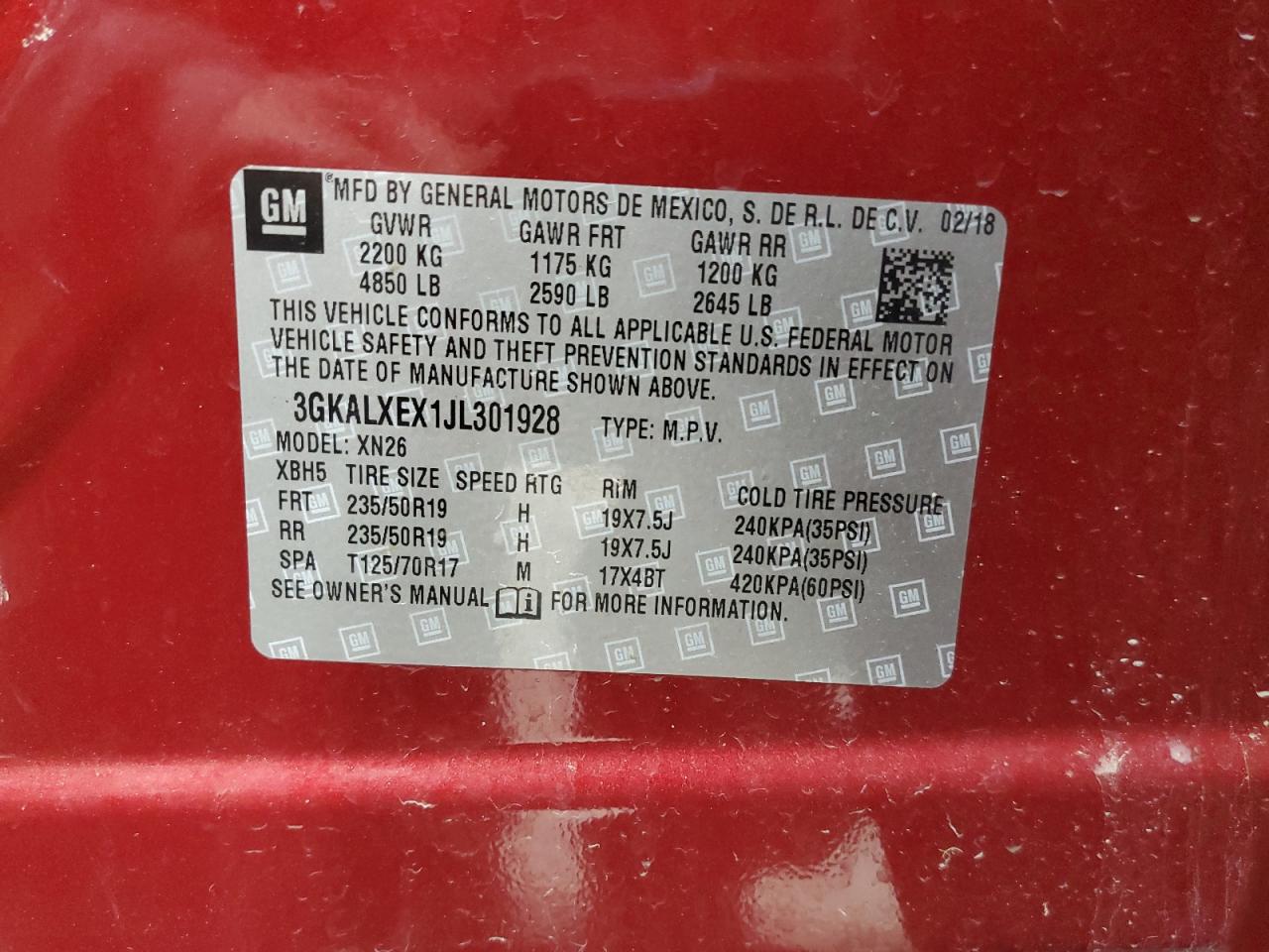 2018 GMC Terrain VIN 3GKALXEX1JL301928 Copart auction photo, front end damage thumbnail 13