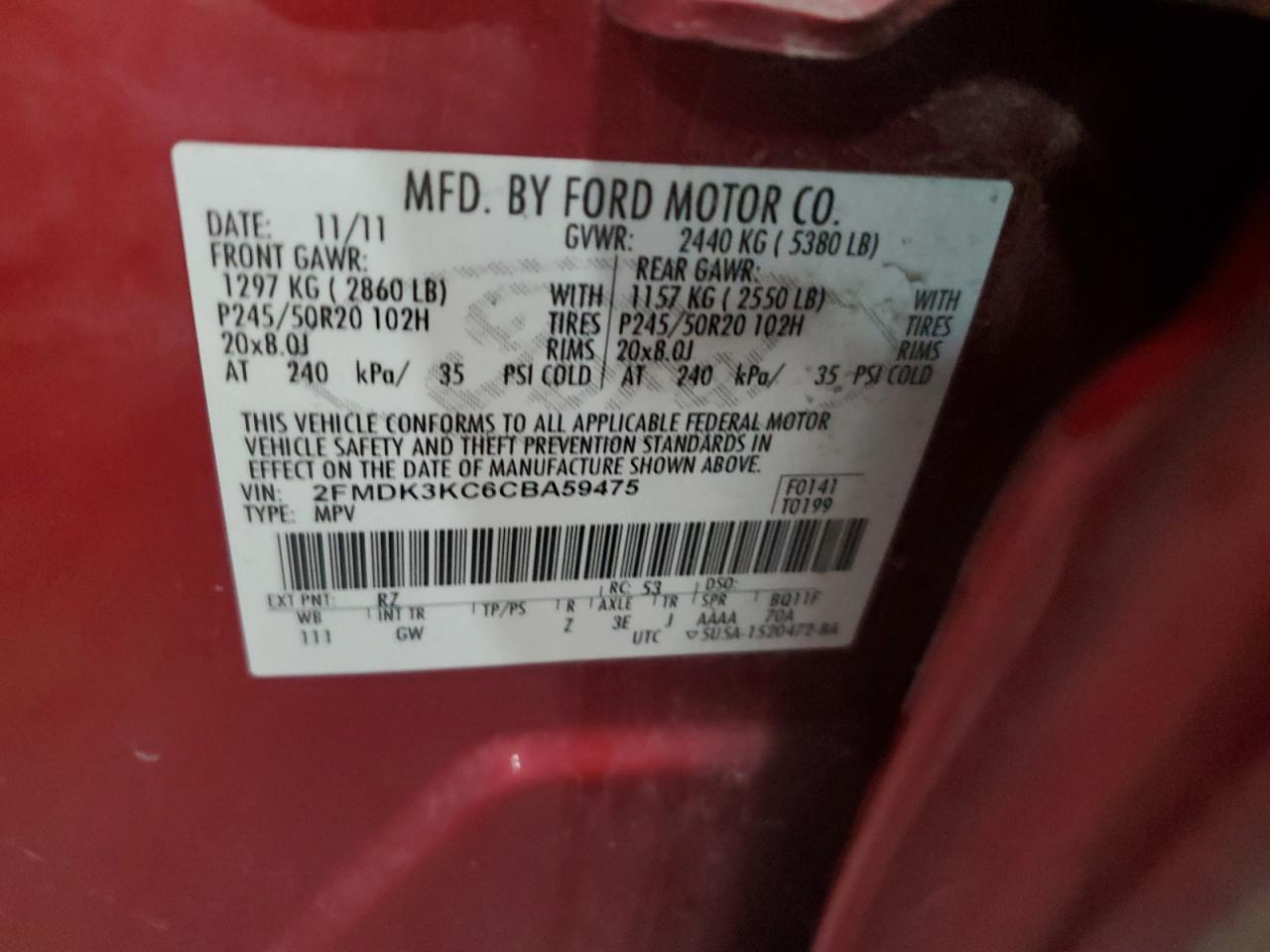 2012 Ford Edge VIN 2FMDK3KC6CBA59475 Copart auction photo, minor dent/scratches damage thumbnail 13