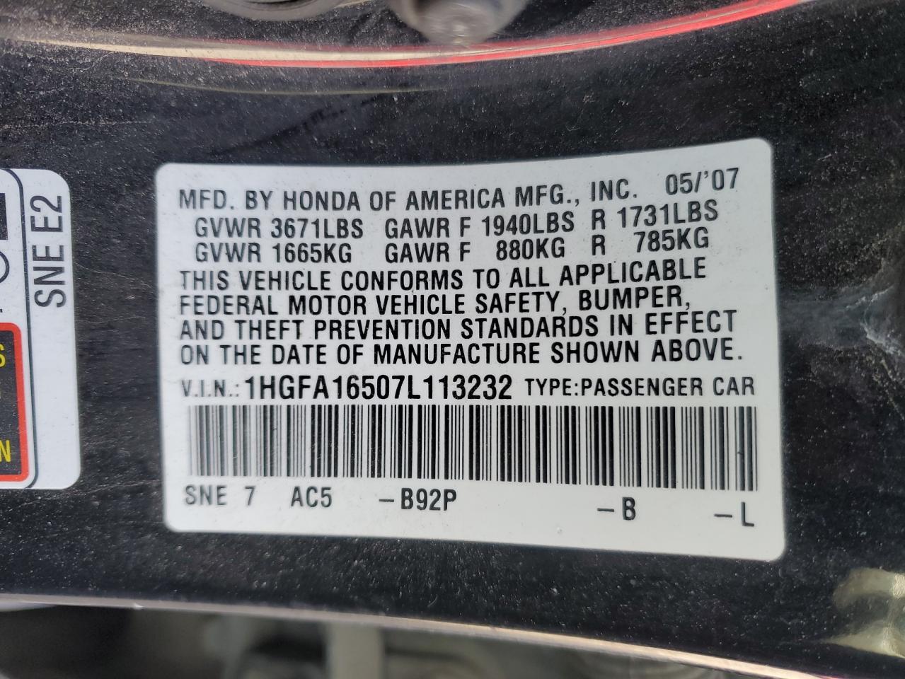 2007 Honda Civic VIN 1HGFA16507L113232 Copart auction photo, front end damage thumbnail 13