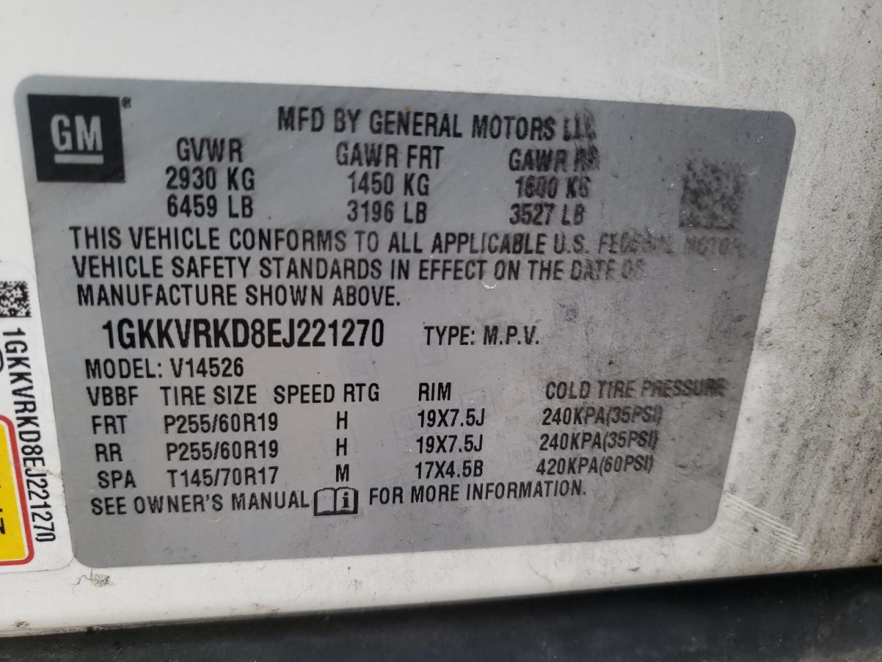 2014 GMC Acadia VIN 1GKKVRKD8EJ221270 Copart auction photo, rear end / undercarriage damage thumbnail 13