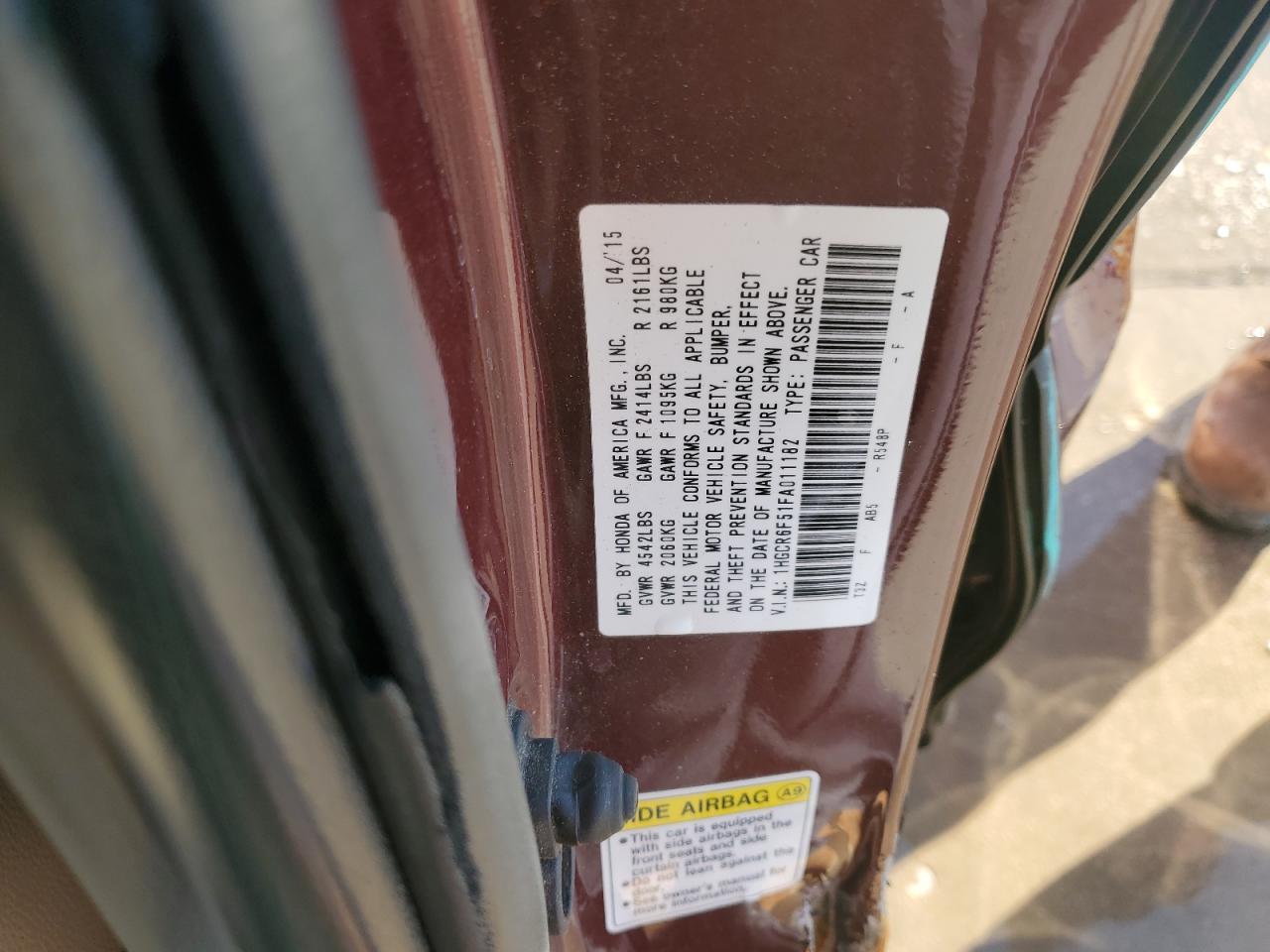 2015 Honda Accord VIN 1HGCR6F51FA011182 Copart auction photo, side / hail damage thumbnail 12