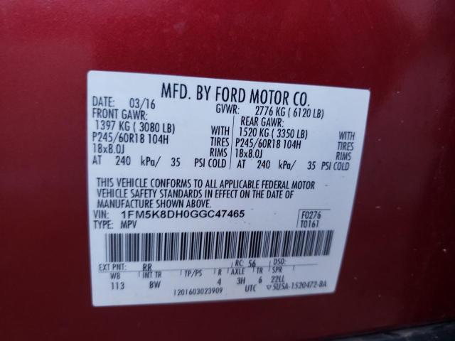 2016 Ford Explorer VIN 1FM5K8DH0GGC47465 Copart auction photo, biohazard/chemical damage thumbnail 13
