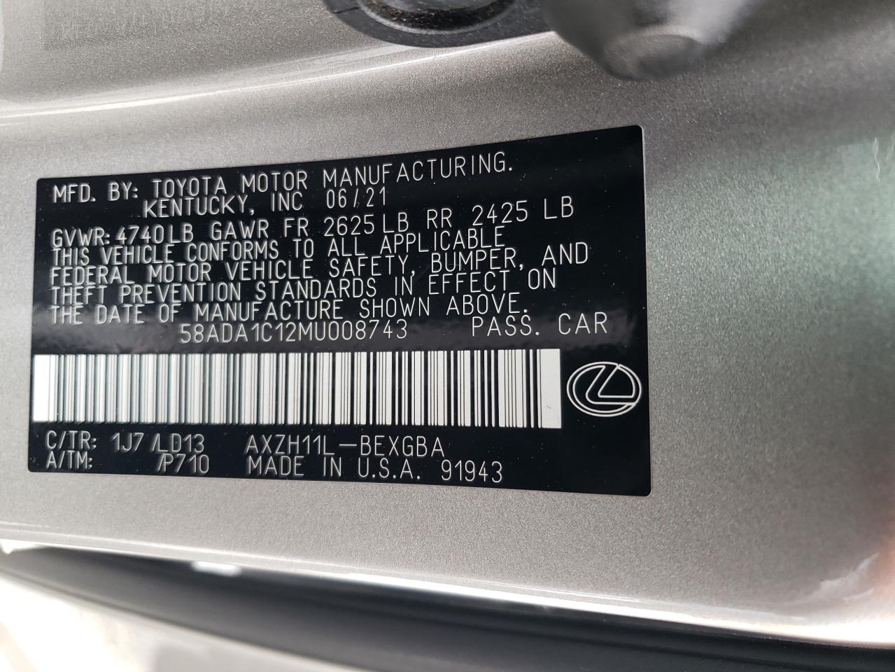 2021 Lexus ES VIN 58ADA1C12MU008743 Copart auction photo, rear end / side damage thumbnail 12